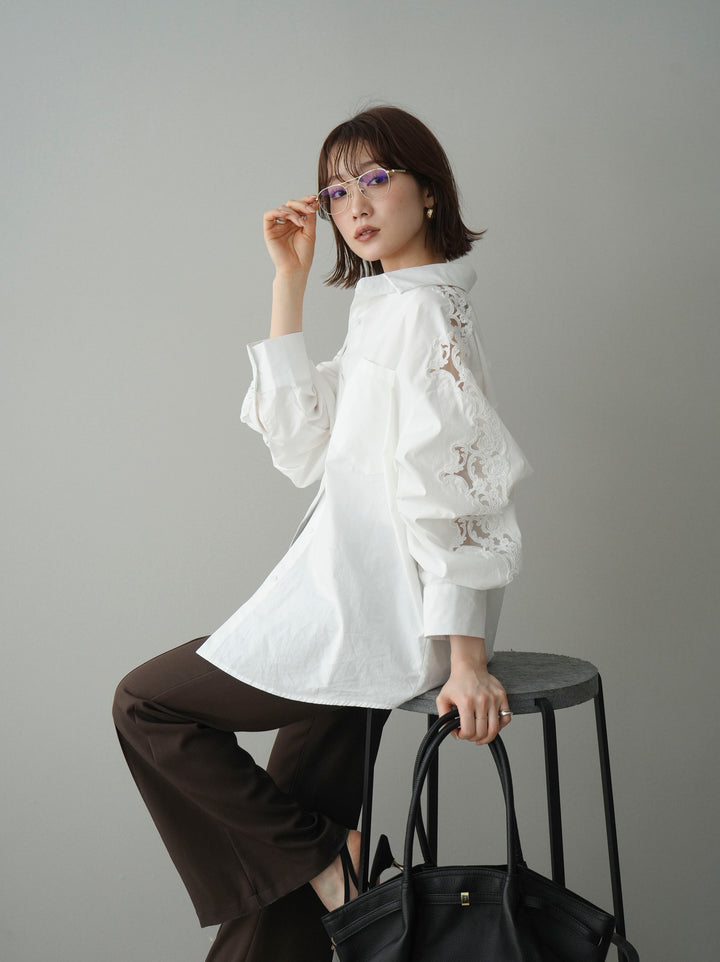 [SET]アームレースブロードシャツ+センターシームフレアパンツ(2set)