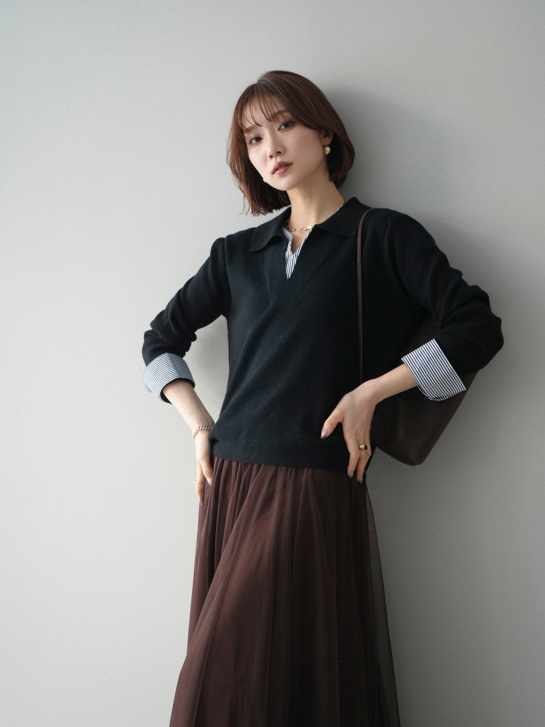 [予約]シャツレイヤードスキッパーニットプルオーバー/black