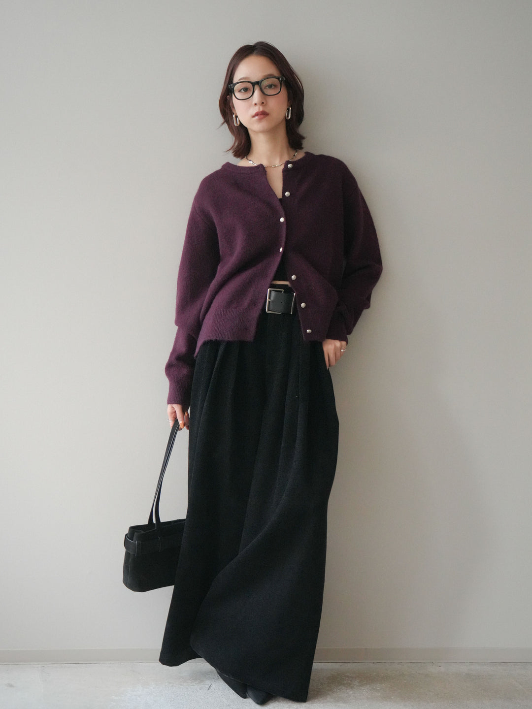 [SET]アンティークボタンニットカーディガン+ベルトデザインループコールテンワイドパンツ(ベルト付き)(2set)