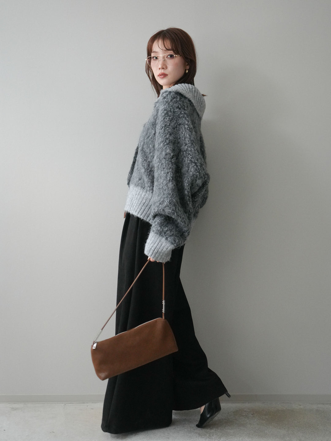 [SET]リブ切替メランジニットカーディガン+モチーフベルト付スエードタックワイドパンツ(2set)