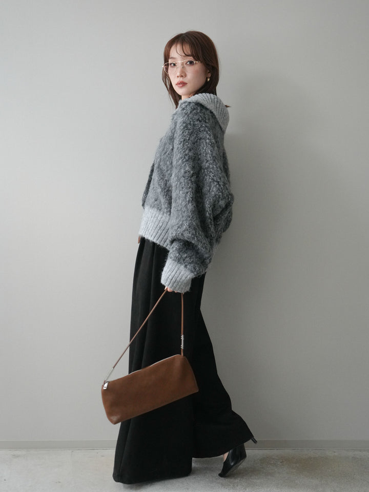 [SET]リブ切替メランジニットカーディガン+モチーフベルト付スエードタックワイドパンツ(2set)