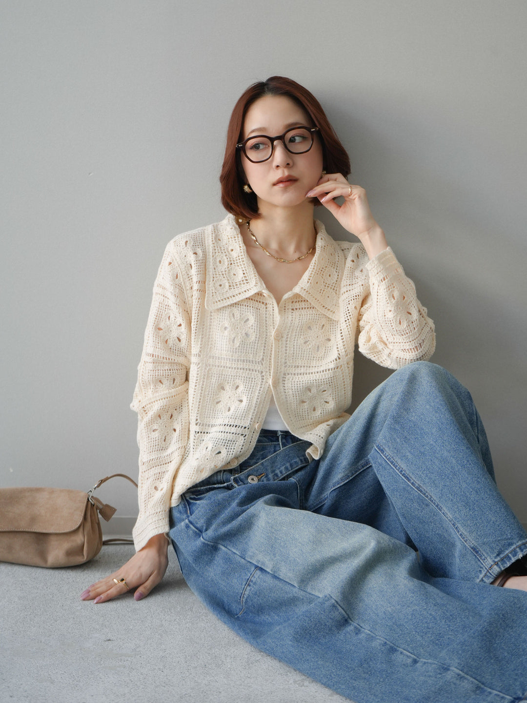 [SET]パッチワーククロシェニットカーディガン+アシメデザインワイドデニムパンツ(2set)