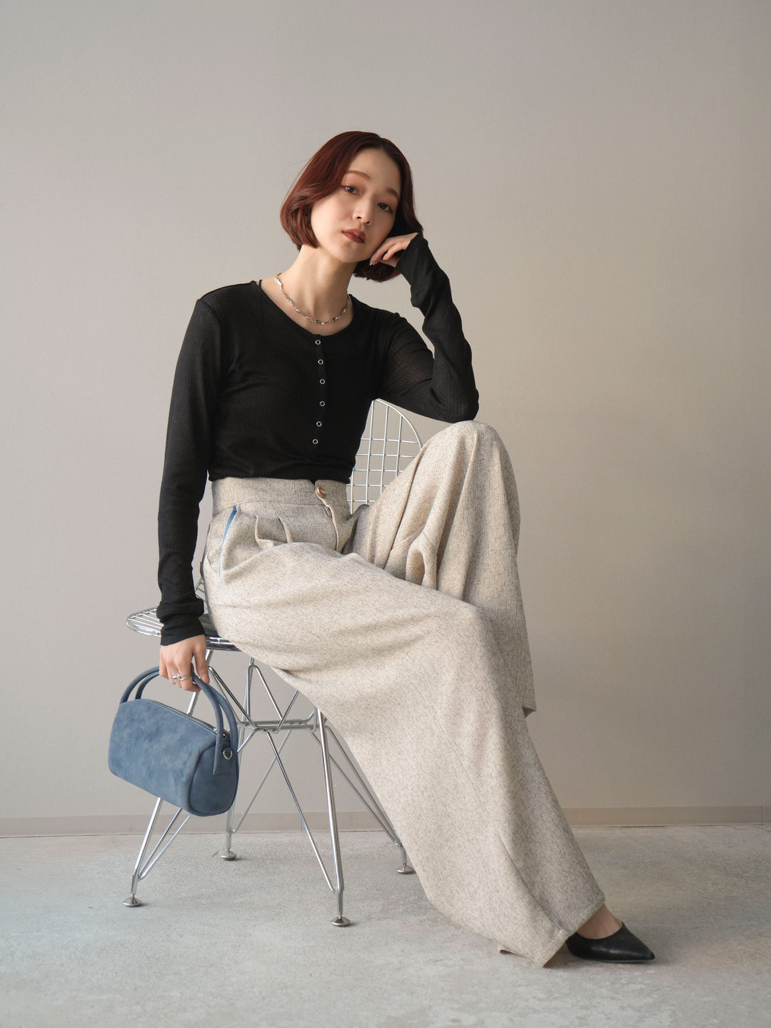 [予約]シアーリブヘンリーネックロンT/black