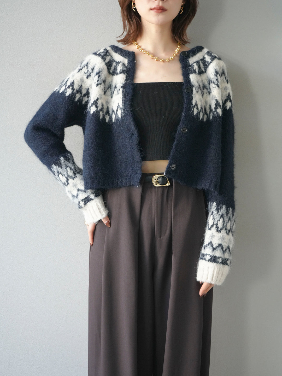 【着回しセット】[SET]求心柄クロップドニットカーディガン+ミックスヤーンペイズリー柄ニットカーディガン+ベルトループデザインワイドパンツ(3set)