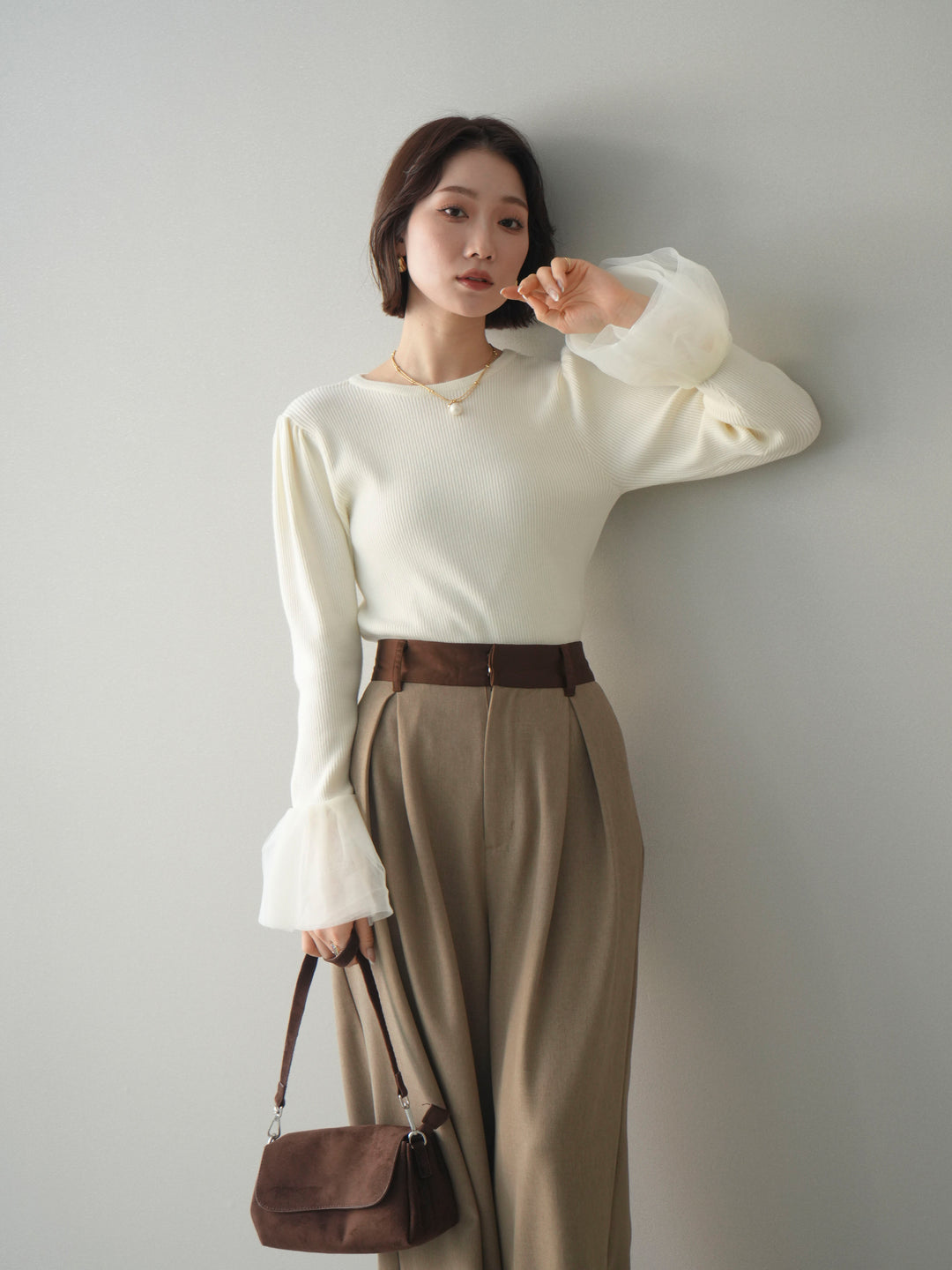 [SET]袖チュールパワショルリブニットトップス+袖チュールパワショルリブニットトップス(2set)