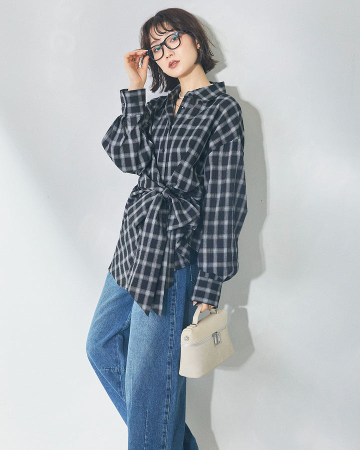 【Allure】[SET]ウエストアシメリボンシャツ+アシメカーブデニムパンツ(2set)