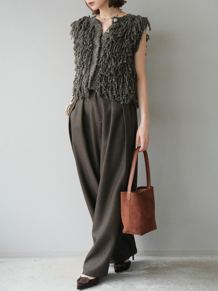 [予約]レザーパイピングタックワイドパンツ/ブラウン