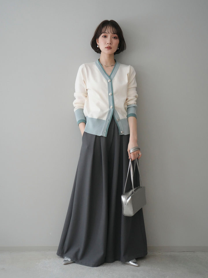 [SET]デザインボタン配色Vネックニットカーディガン+テープベルトタックバギーパンツ(2set)
