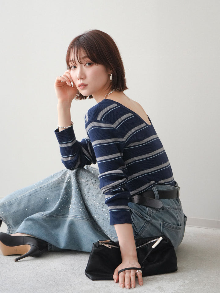 [予約]バックオープンテレコリブマルチボーダートップス/navy