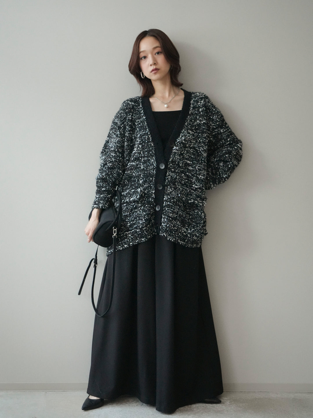 [SET]モールネップニットカーディガン+テープベルトタックバギーパンツ(2set)