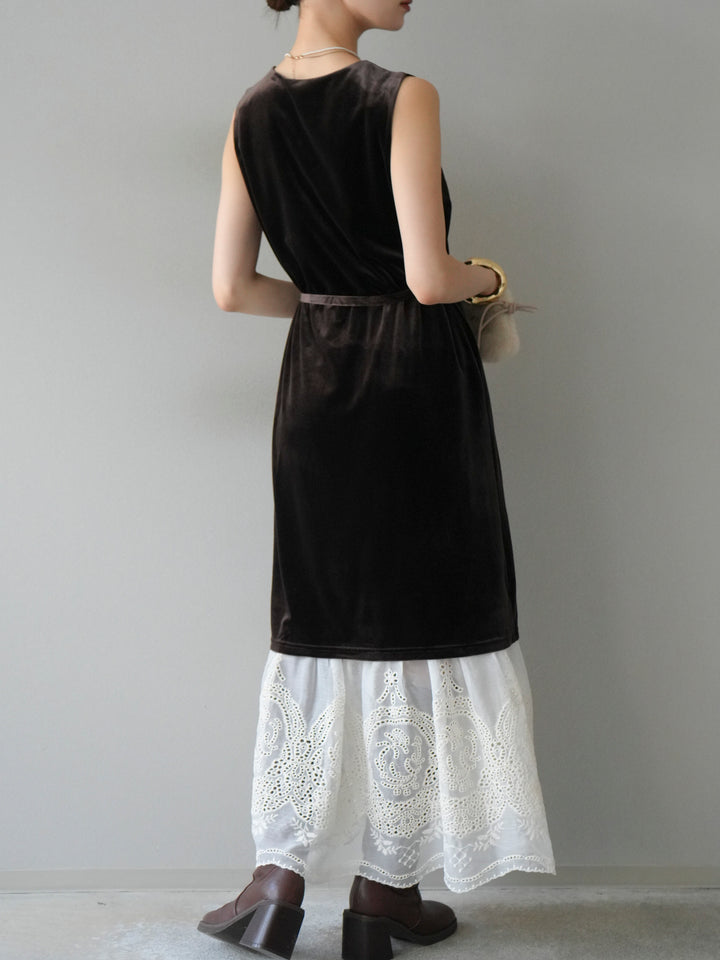 [予約]裾コットンレースベロアワンピース/ブラウン