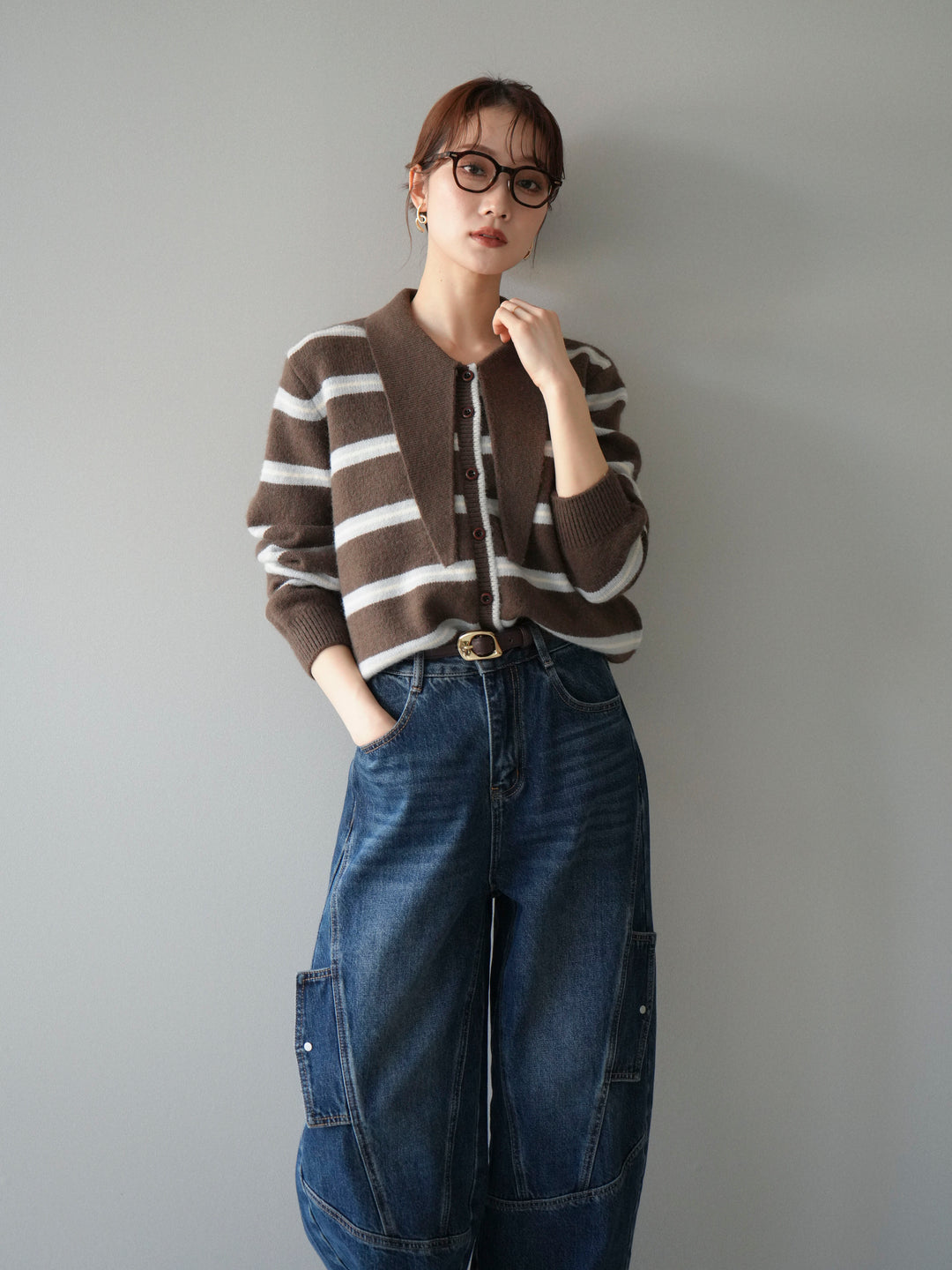 [予約]ボウタイボーダーニットカーディガン/brown
