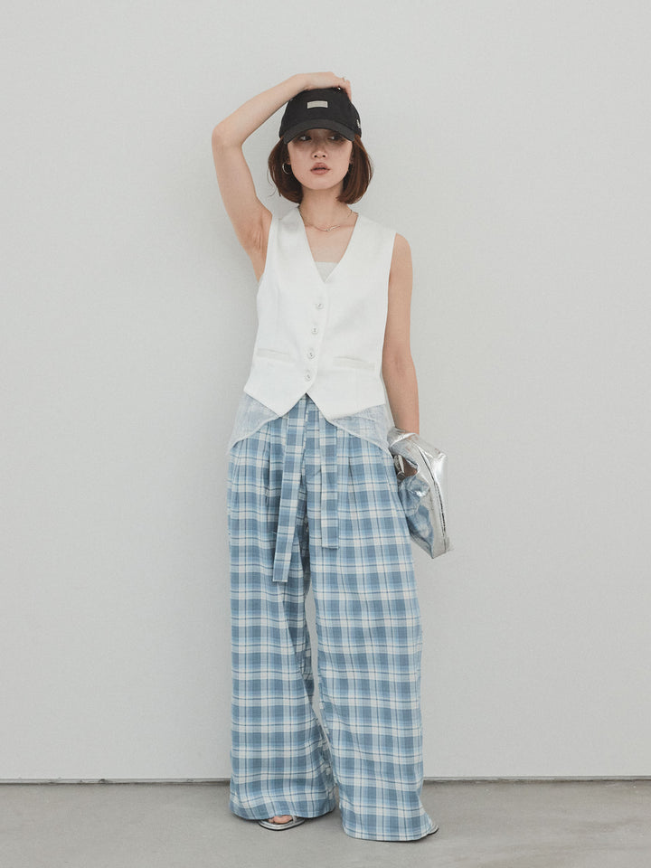 [予約]チェック柄ワイドパンツ/ブルー