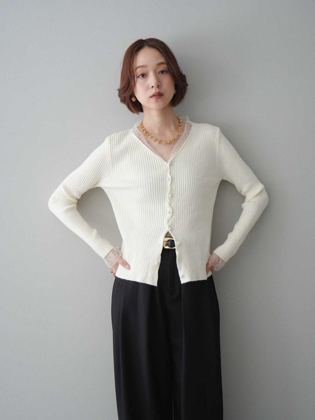 [SET]チュールドッキングパールボタンニットカーディガン+選べるアクセセット(2set)