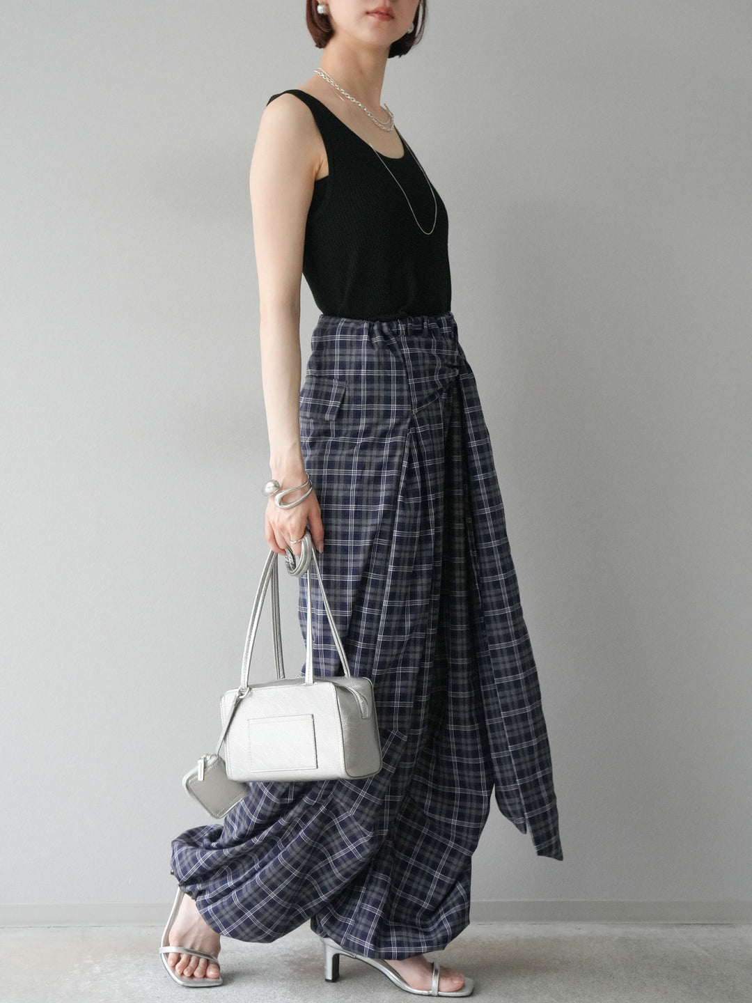 [予約]チェック柄ウエスト巻きドロストパンツ/ネイビー