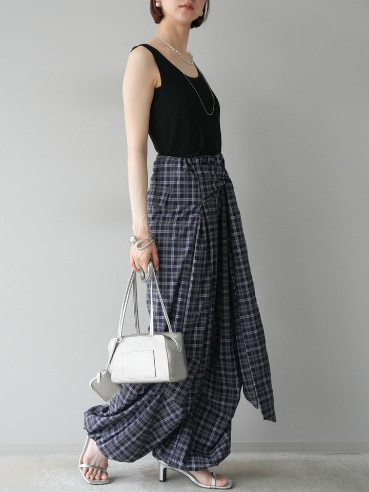 [予約]チェック柄ウエスト巻きドロストパンツ/ネイビー