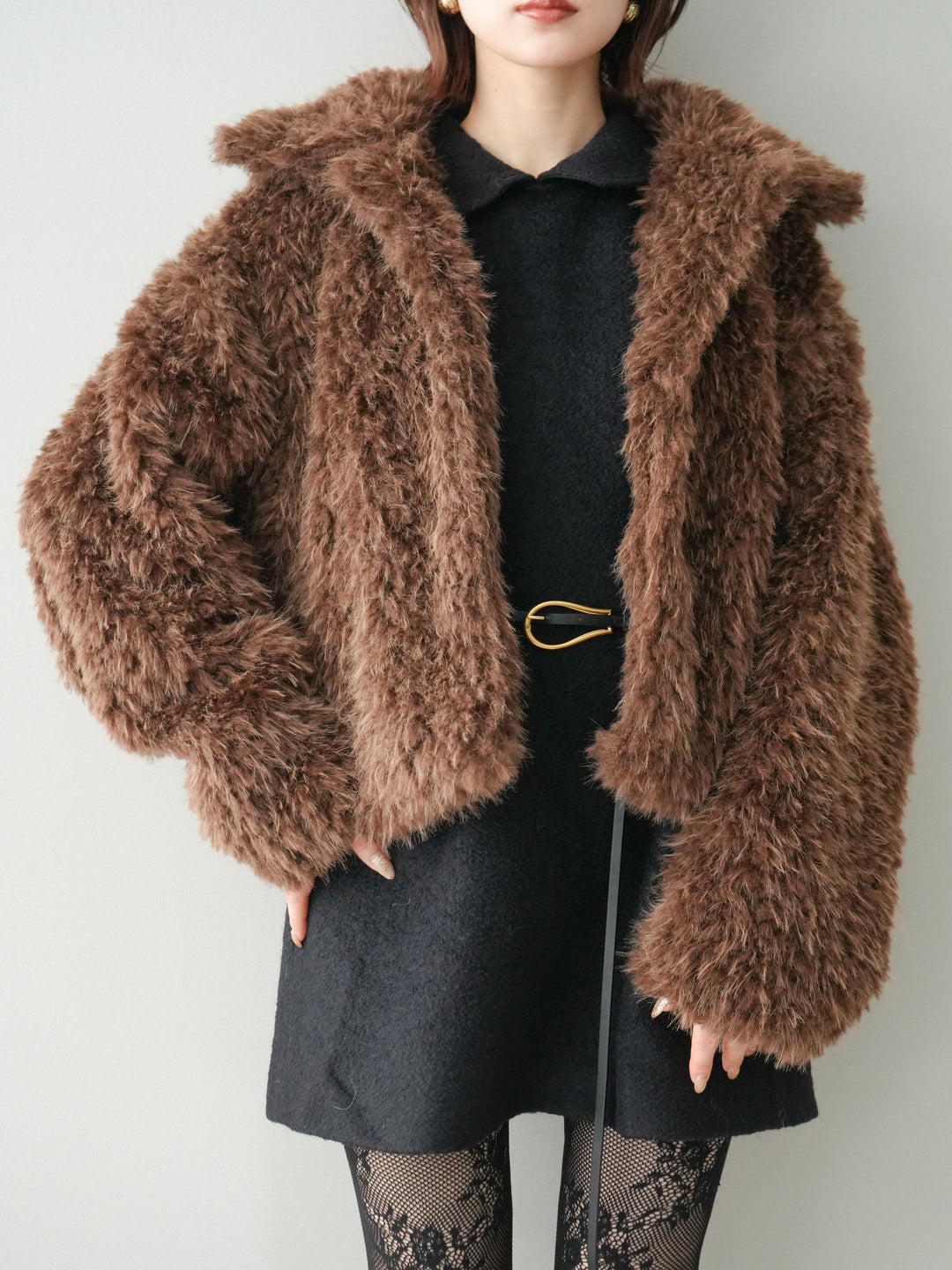 [SET]襟付きブークレミニワンピース+フェイクファー襟付きショートブルゾン(2set)