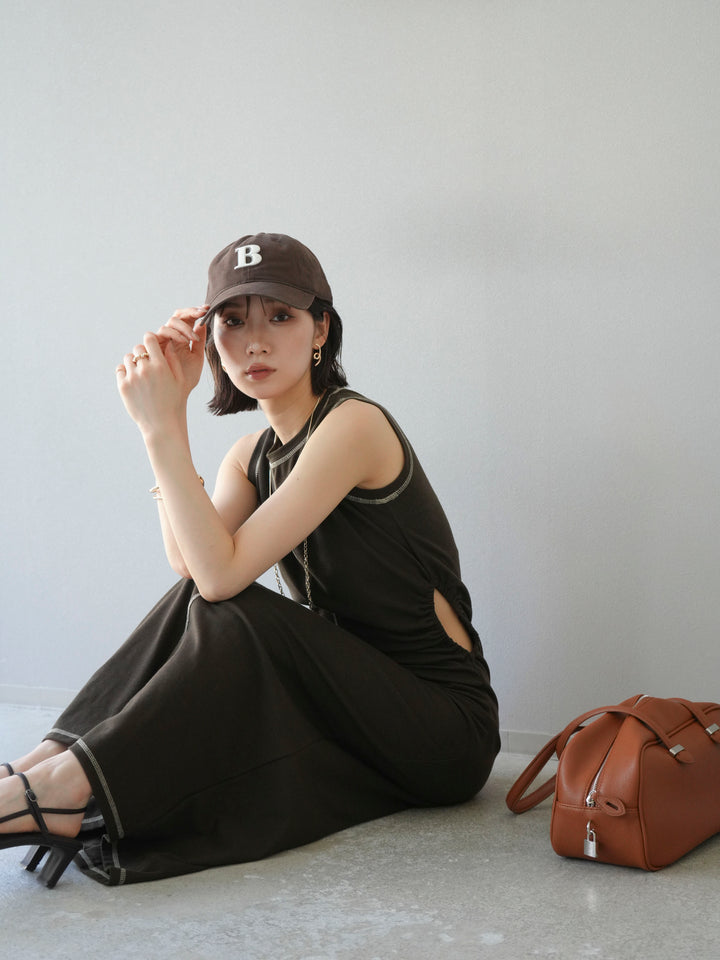 [予約]ウエストオープンステッチカットワンピース/ブラウン