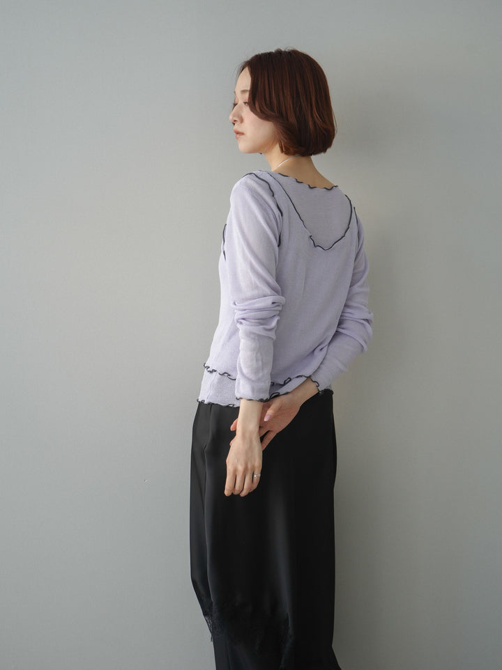 [SET]バイカラーメローアンサンブルシアーニットトップス+センターシームフレアパンツ+サテンライクアシメレーススカート(3set)