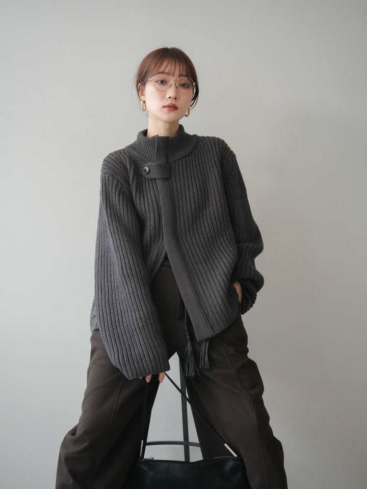 [SET]畦編みボトルネックZIPニットカーディガン+ベルト付裏起毛センターシームカーブパンツ(2set)