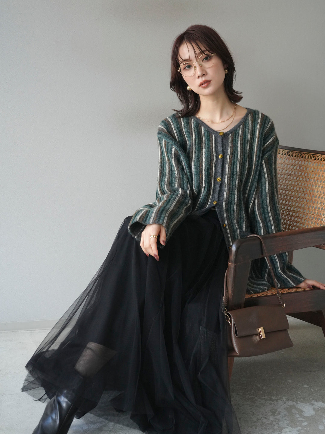 [予約]アンティークボタンストライプニットカーディガン/charcoal