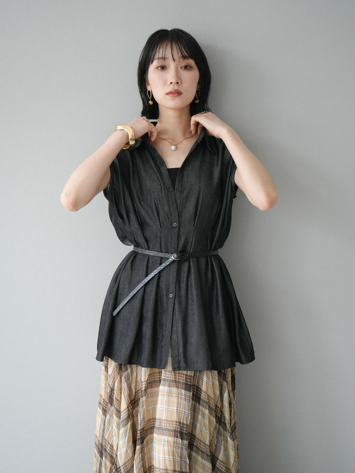 【預訂】天絲牛仔收腰無袖上衣/黑色