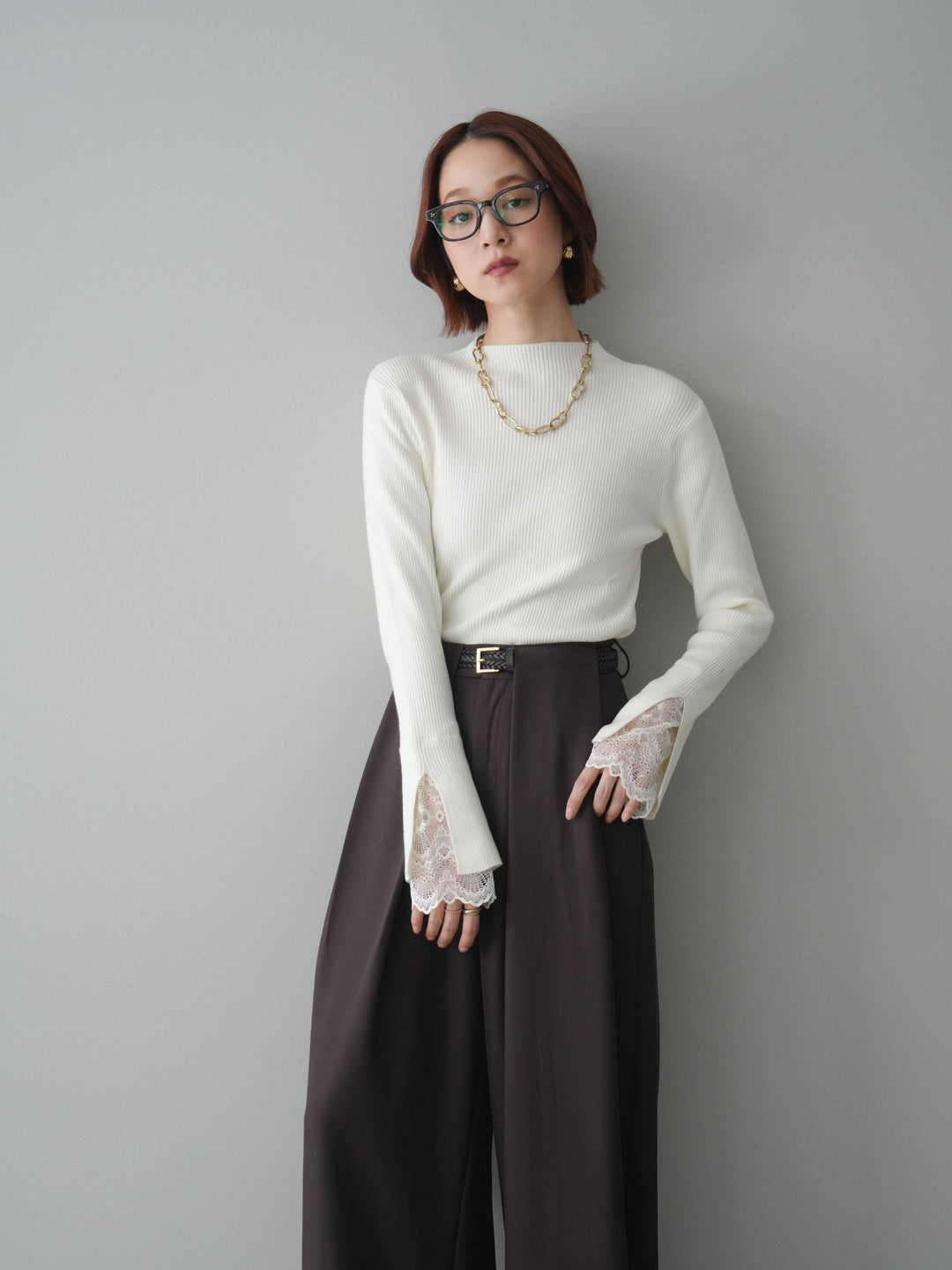 [SET]袖スカラップレースオフネックニットトップス+袖スカラップレースオフネックニットトップス(2set)