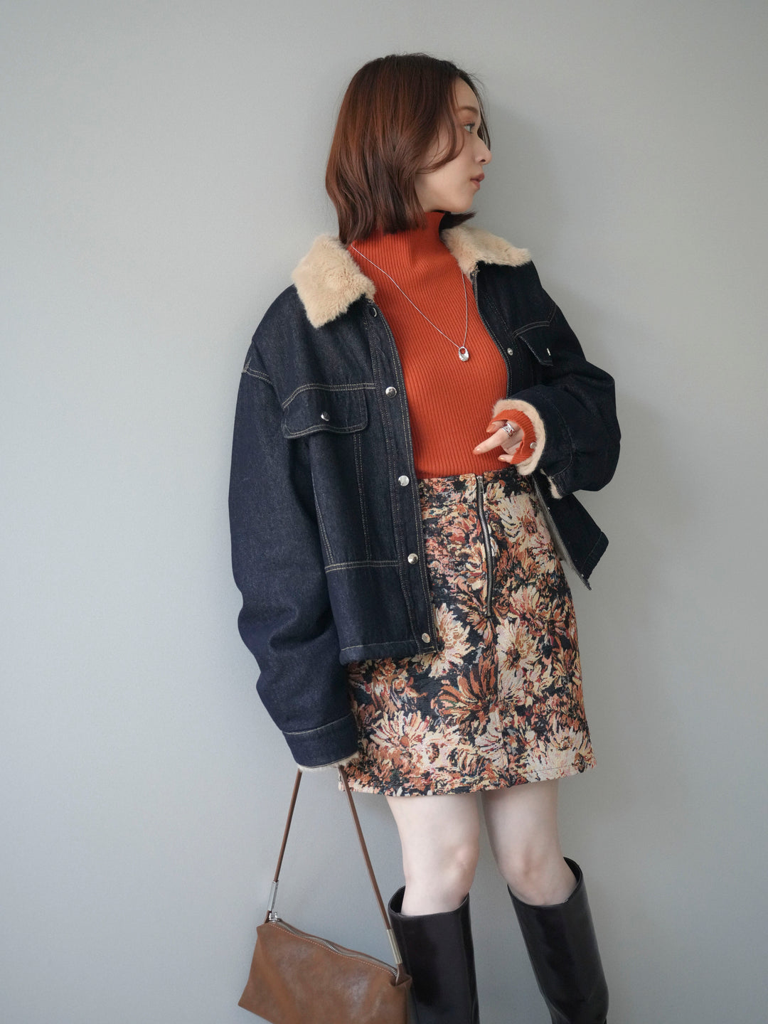 [予約]デニム×ファーステンカラーショートジャケット/indigo