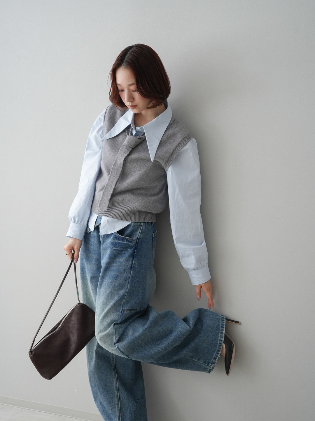 [SET]ボウタイ付ニットベストアンサンブルシャツ+アシメデザインワイドデニムパンツ(2set)