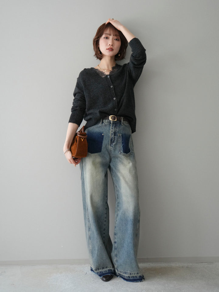[SET]レースネックニットカーディガン+染めデザインポケットデニムパンツ(2set)