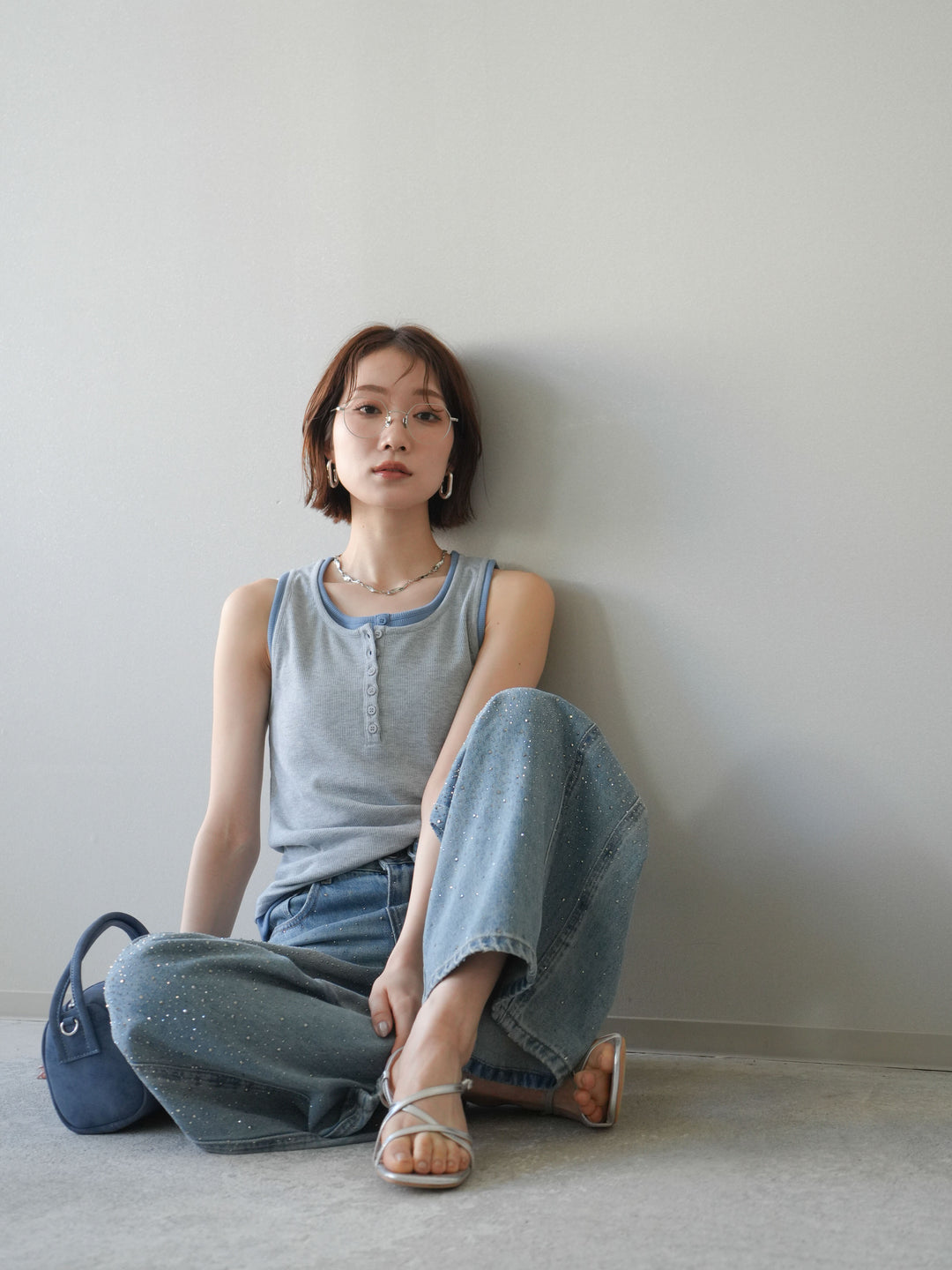 [SET]配色リブヘンリータンクトップ+ウエストベルトビジューワイドデニムパンツ(2set)