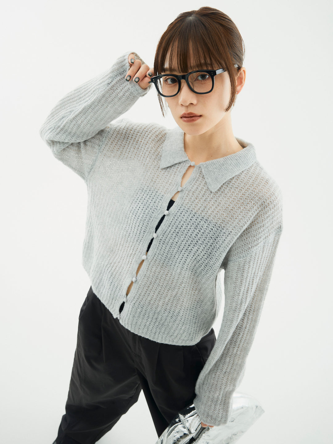 【Allure】[SET]起毛片畦編みシアーポロニット+タフタワイドカーブパンツ(2set)