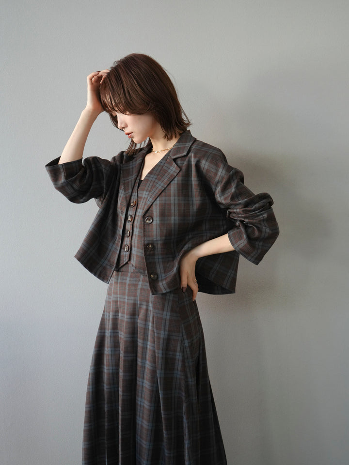 [予約]チェック柄ショートジャケット/ブラウン