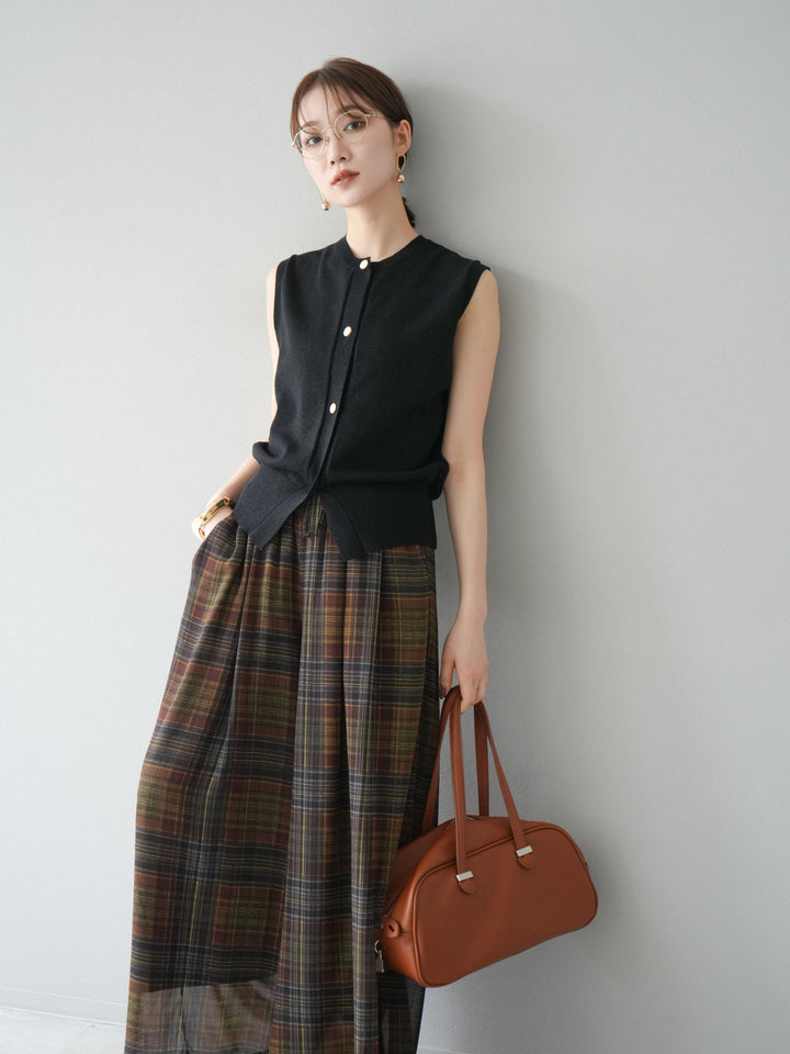 [SET] 金銀絲針織背心 + 透視格紋寬鬆褲 (2 件套)