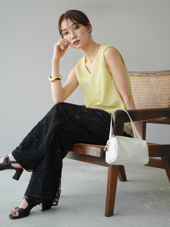 [予約]裾フリンジVネックニットタンクトップアンサンブル/イエロー