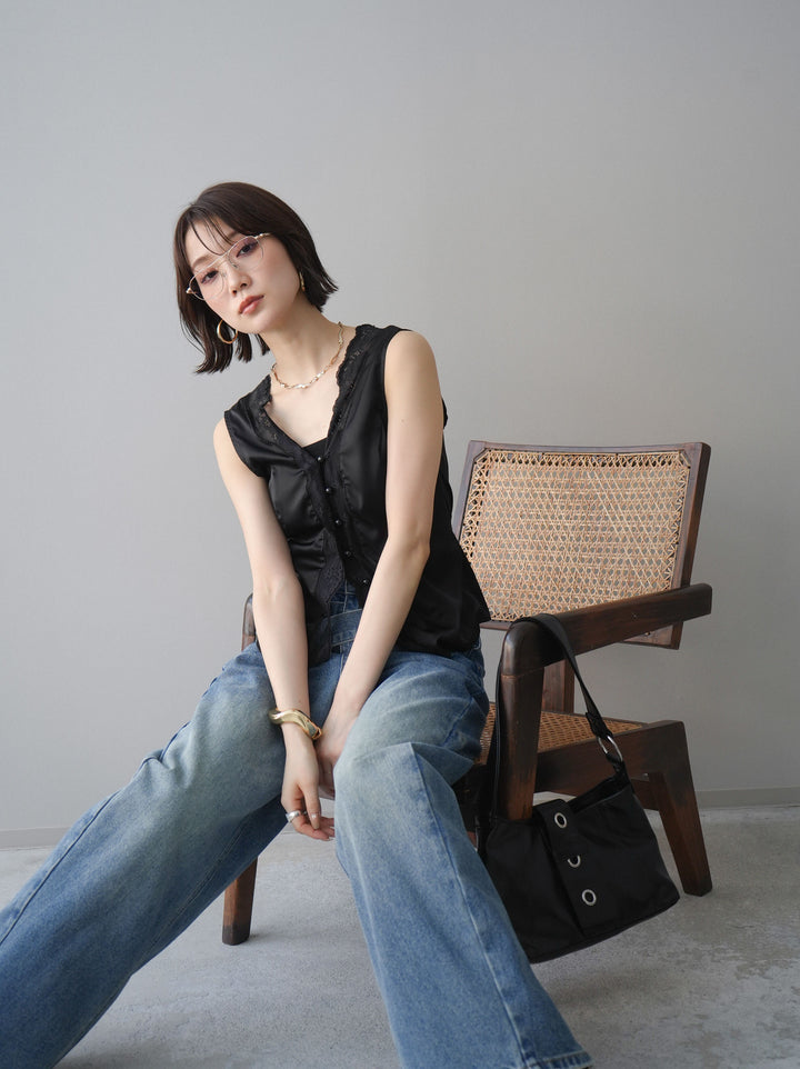[予約]ノースリサテンレースキャミソール/black