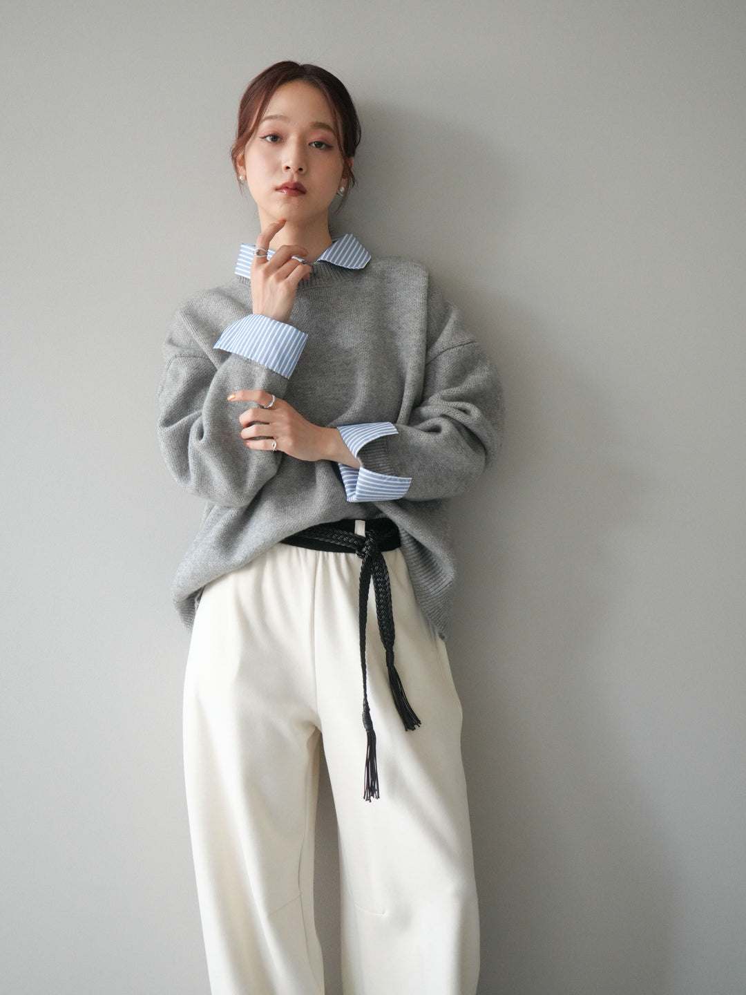 [SET]2WAYストライプ襟ニットプルオーバー+編み込みベルト付きウエスト配色スエットパンツ(2set)