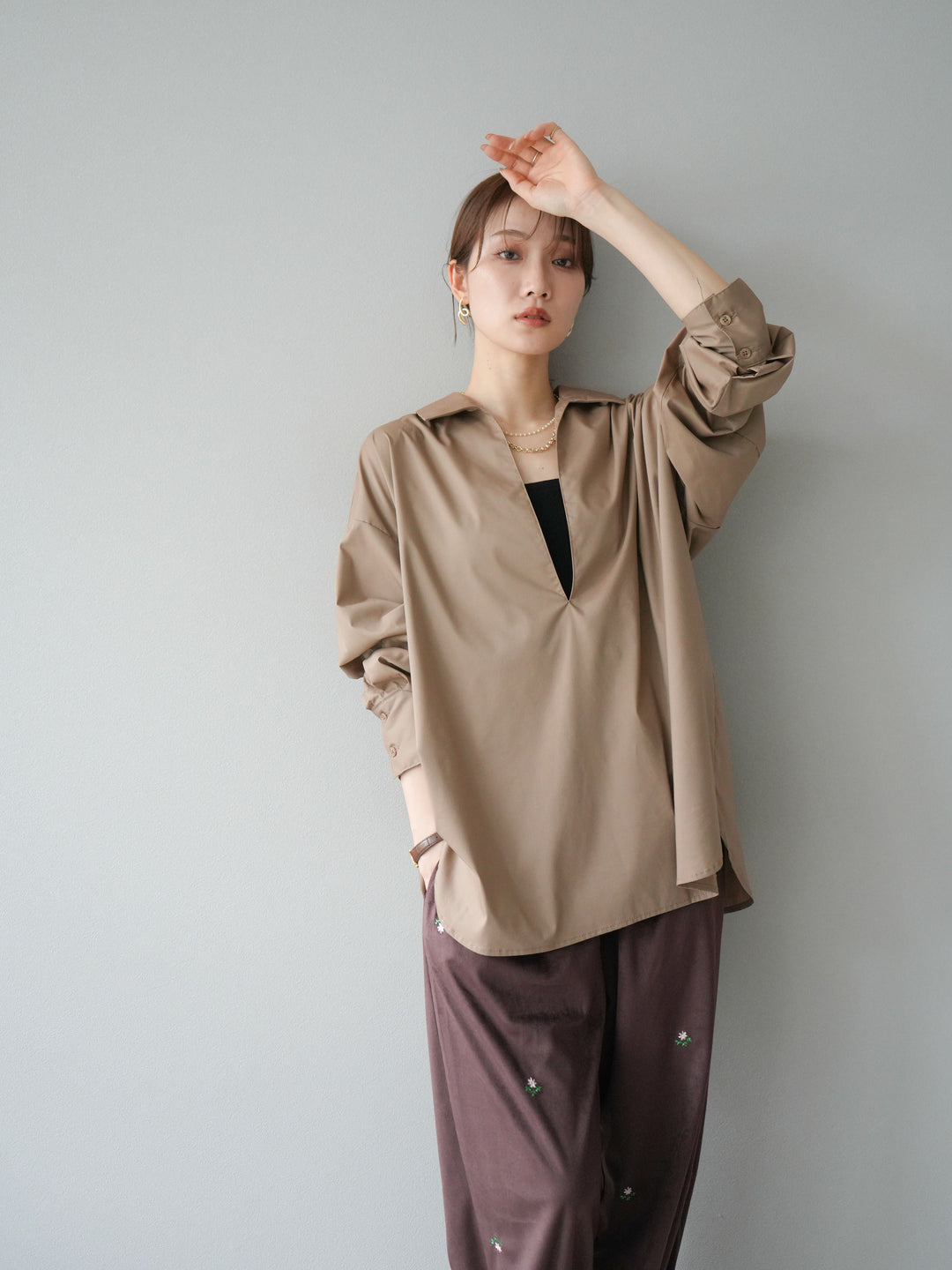 [予約]ブロードディープスキッパーブラウス/ベージュ