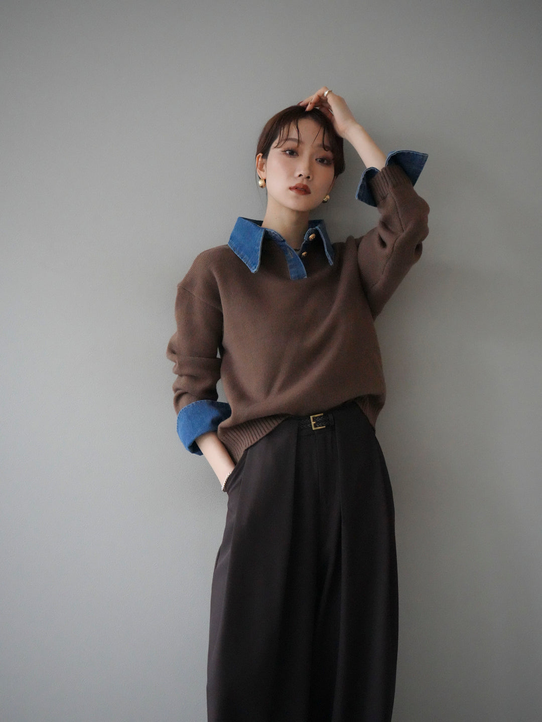 [SET]デニム襟ポロニットプルオーバー+デニム襟ポロニットプルオーバー(2set)