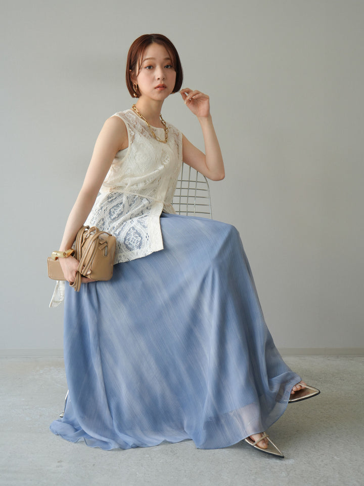 [SET] 緞面滾邊蕾絲無袖上衣 + nuance 透視喇叭裙 (2 套)