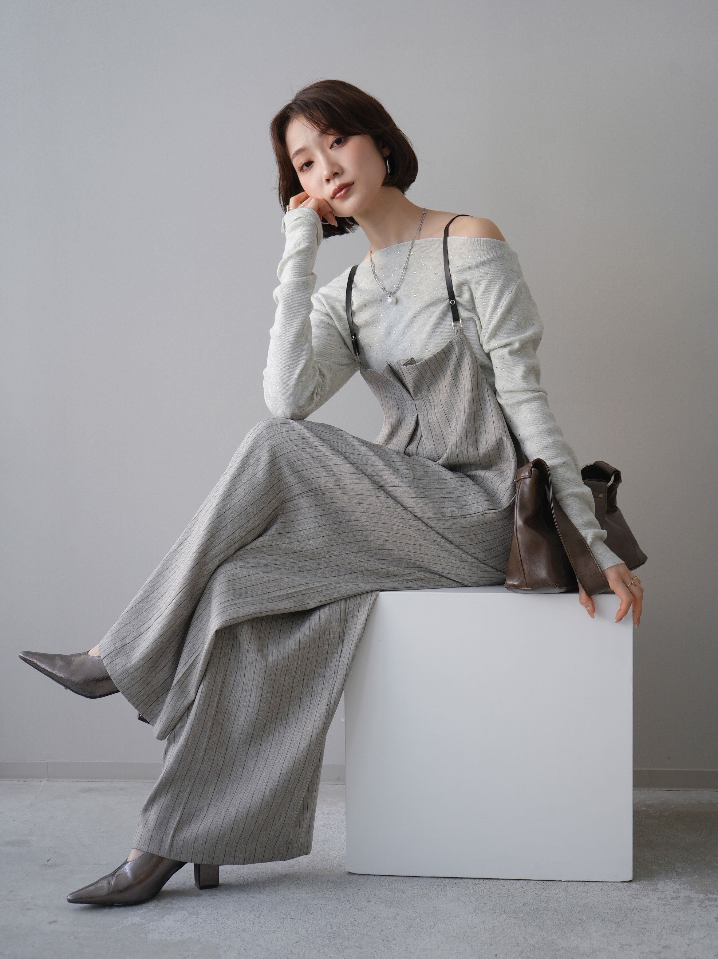 SET]ヘリンボーンストライプサロペット+ラインストーンアシンメトリー