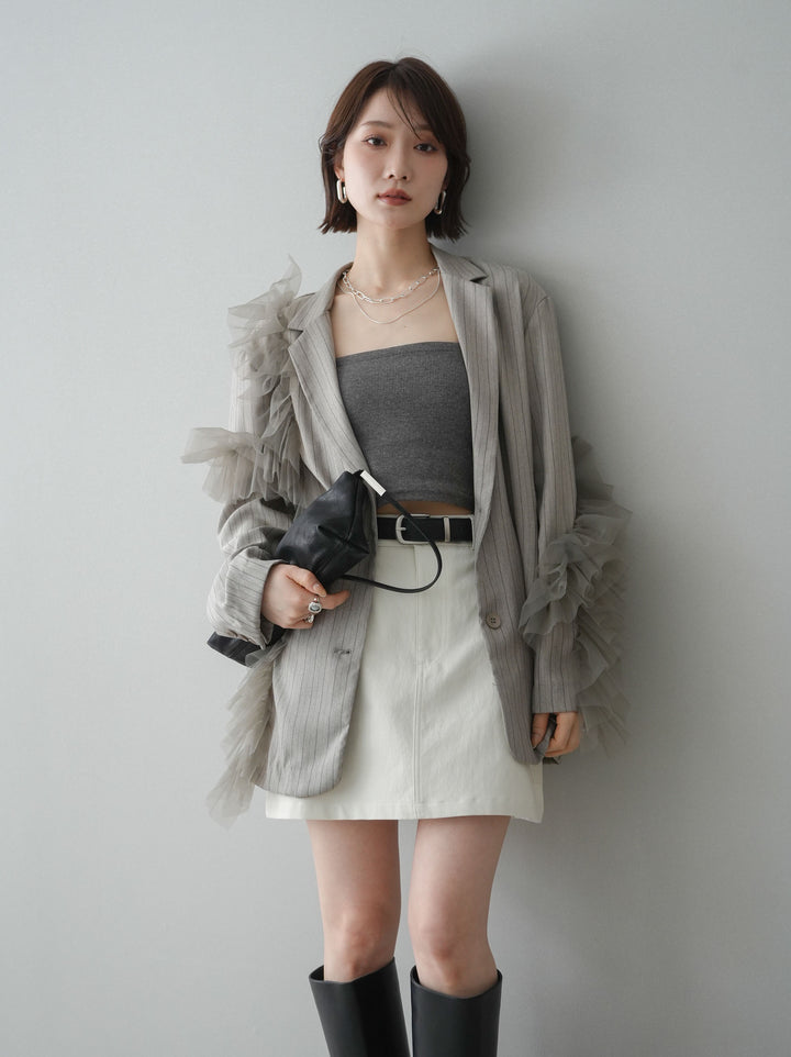 [予約]アシンメトリーチュールストライプジャケット/greige