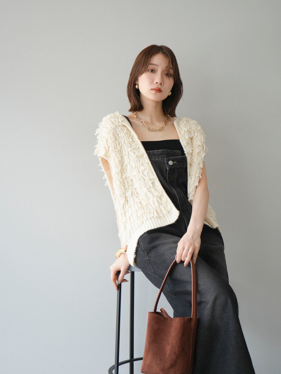 [SET]ループデザインベスト+アシンメトリーデニムワンピース(2set)