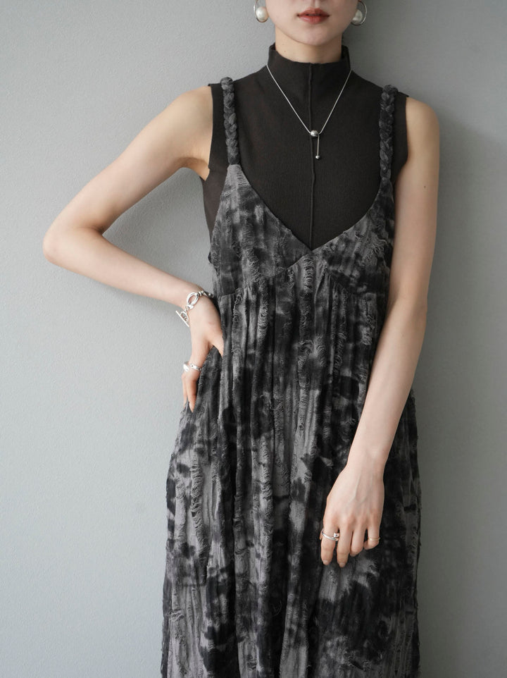 [Pre-order] Damaged Nuance Pattern Braided String Cami Dress/Brown