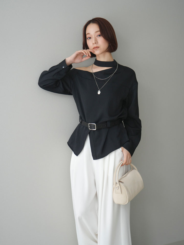 [SET]ベルト付ワンショルダースリットブラウス+編み込みベルト付タックワイドパンツ(2set)