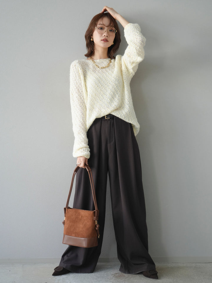 【着回しセット】[SET]求心柄クロップドニットカーディガン+異素材ミックスヤーンニットプルオーバー+ベルトループデザインワイドパンツ(3set)