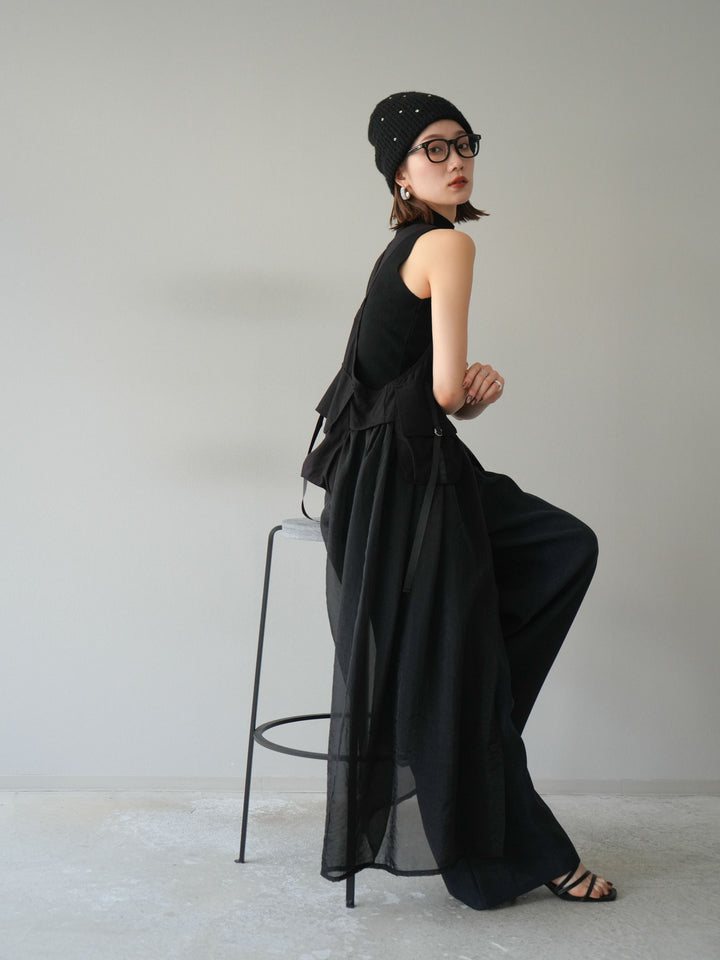 [SET] 戰術背心歐根紗洋裝 + 麻質寬鬆寬褲 (2 件套)