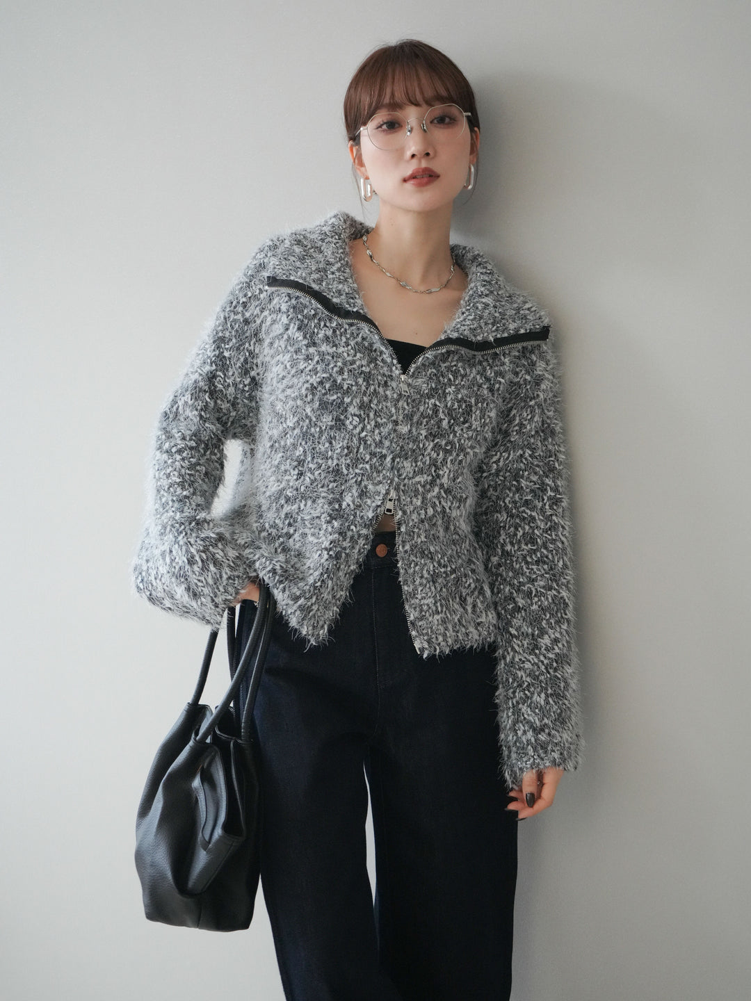 [予約]ミックスシャギージップニットカーディガン/black