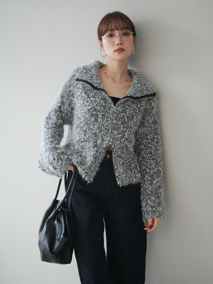 [予約]ミックスシャギージップニットカーディガン/black