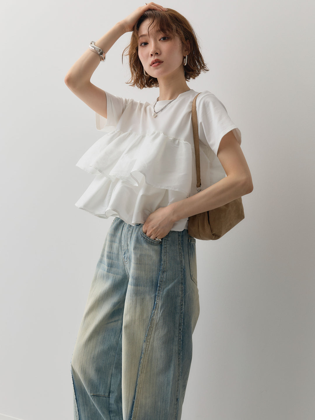 [SET]フリルティアードTEE+縦ウォッシュワイドデニムパンツ(2set)